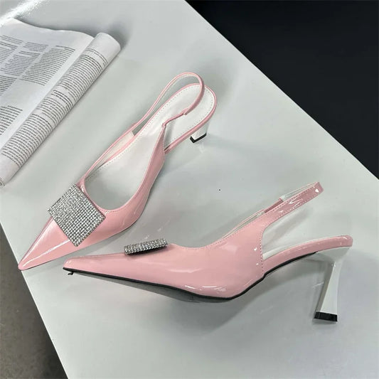Square Button Thin Pointed Toe Slingback Mules Ladies Shoes Low Heel Pumps