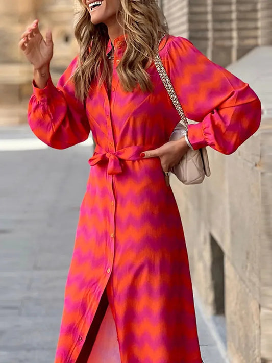 Elegant Lady Tie Dye Ruffled Lace Up Waist V-neck Maxi Dress
