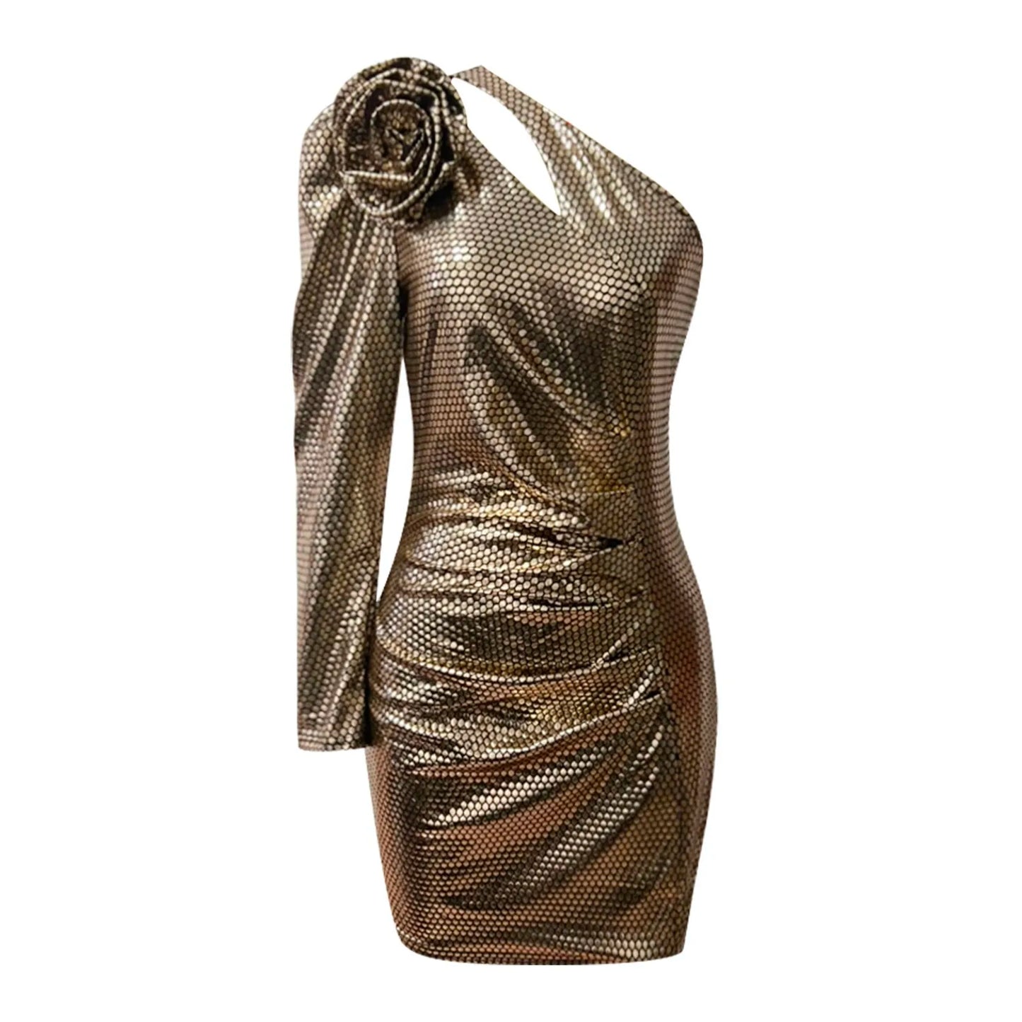 Elegant One Shoulder Bronzing Hollow Out  Long Sleeve Mini Dress