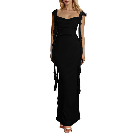 Elegant Ruffles Long Maxi Square Collar  Backless Sleeveless Fashion Slim Fit Wedding Party Dress