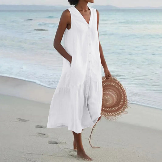 Elegant Solid Shirt Summer Sleeveless V Neck Harajuku Maxi Dress