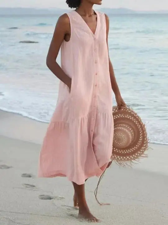 Elegant Solid Shirt Summer Sleeveless V Neck Harajuku Maxi Dress
