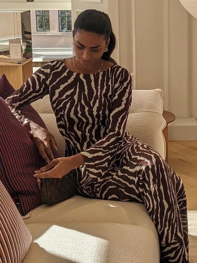Vintage Zebra Print Long Sleeve Party Maxi Dress