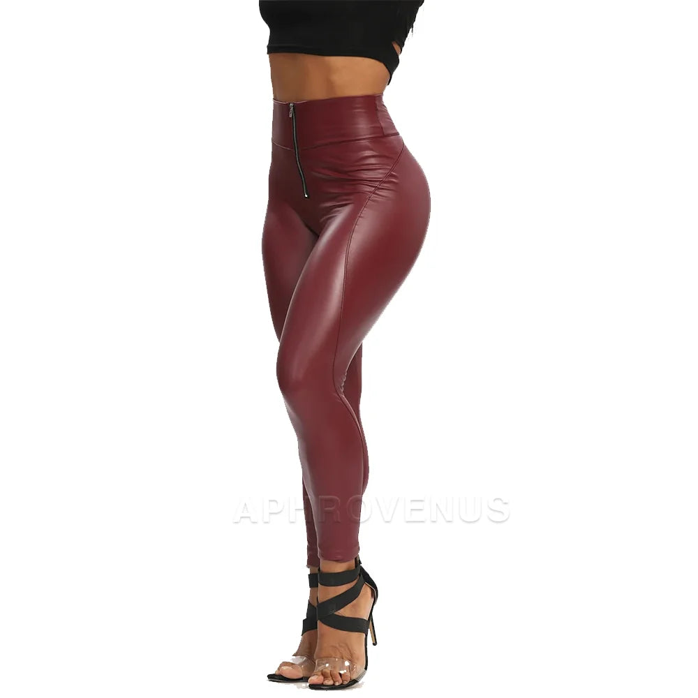 Fashion Black PU Leather Mid Waist Skinny Push Up Buttocks Streetwear Pants