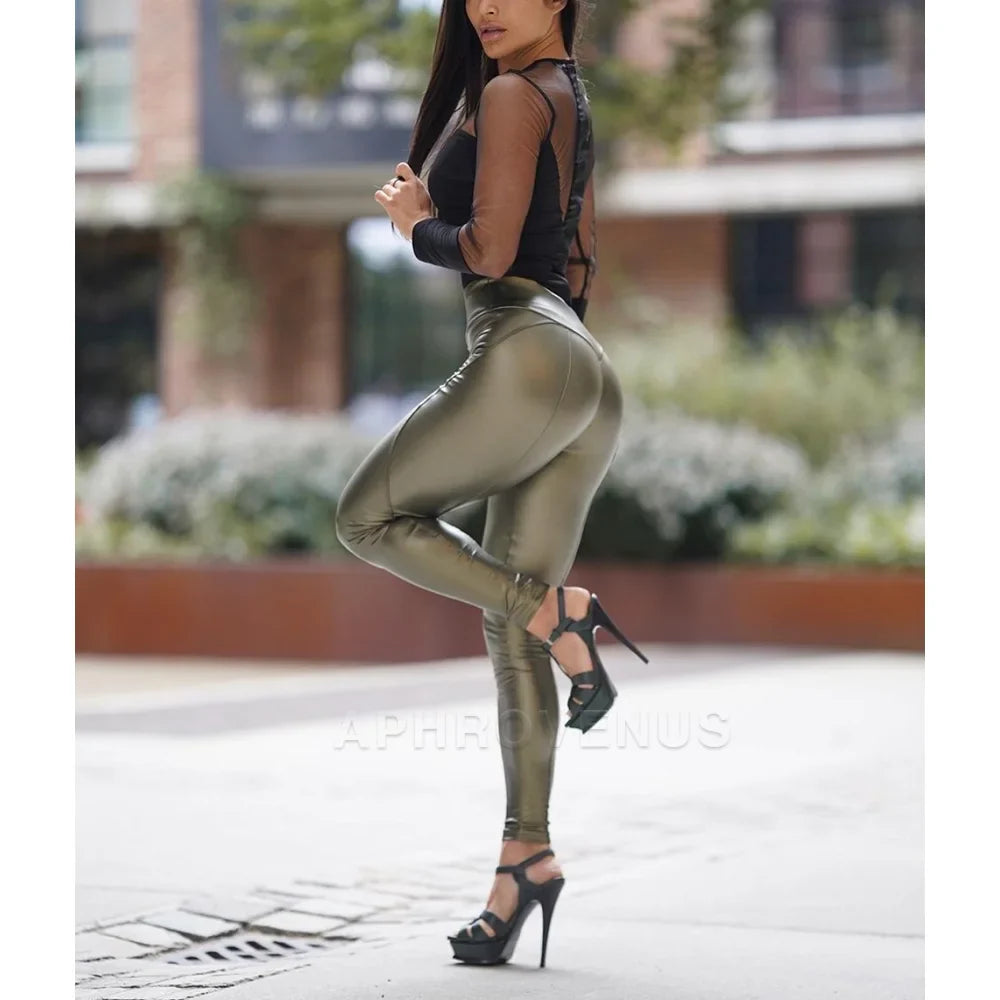 Fashion Black PU Leather Mid Waist Skinny Push Up Buttocks Streetwear Pants