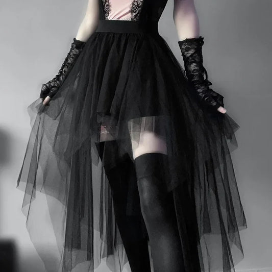 Fashion Net Yarn High-Waisted Irregular for Gothic Style Summer Casual Skirt