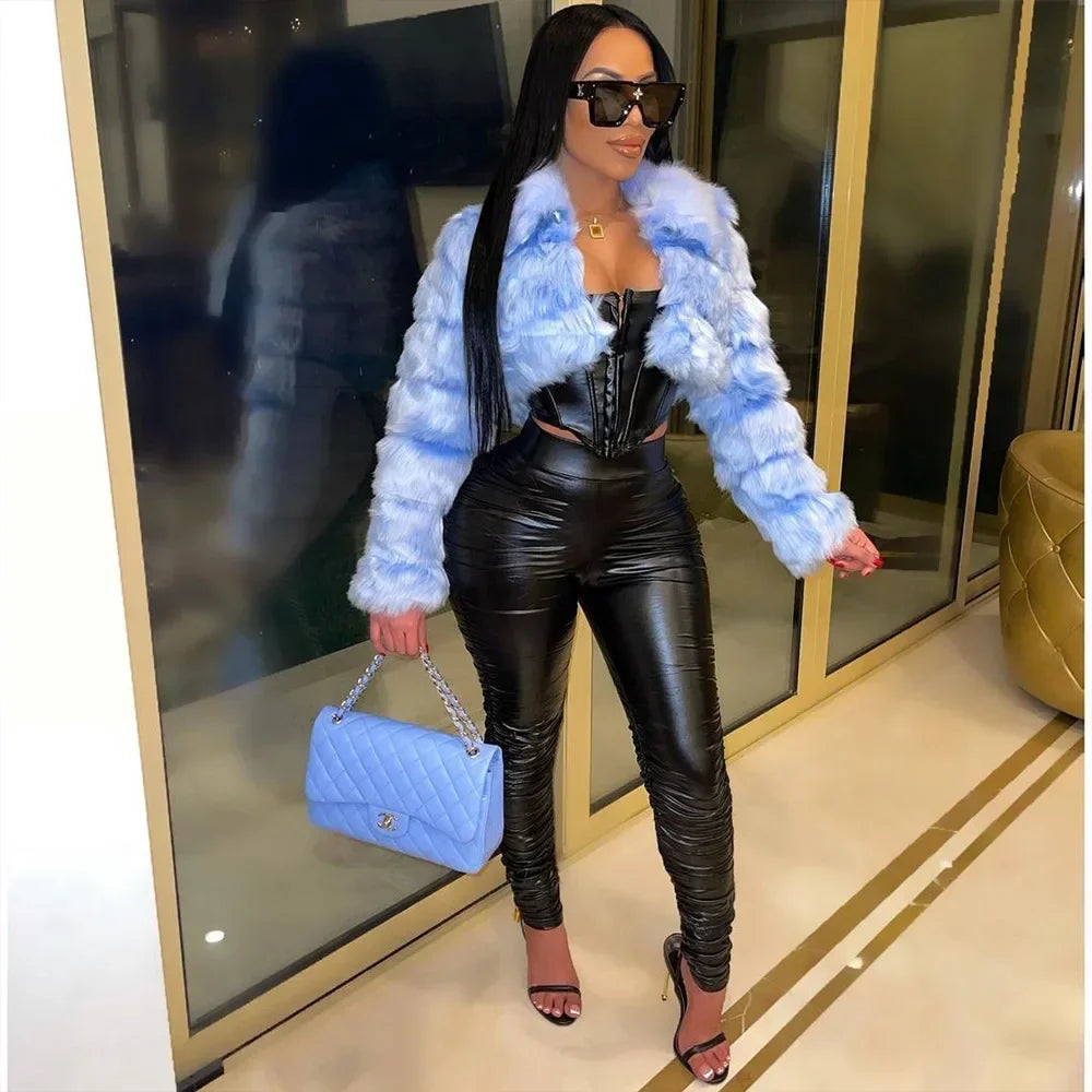 Fashionable Autumn Winter PU Leather Tight Folded Long Trousers Pants