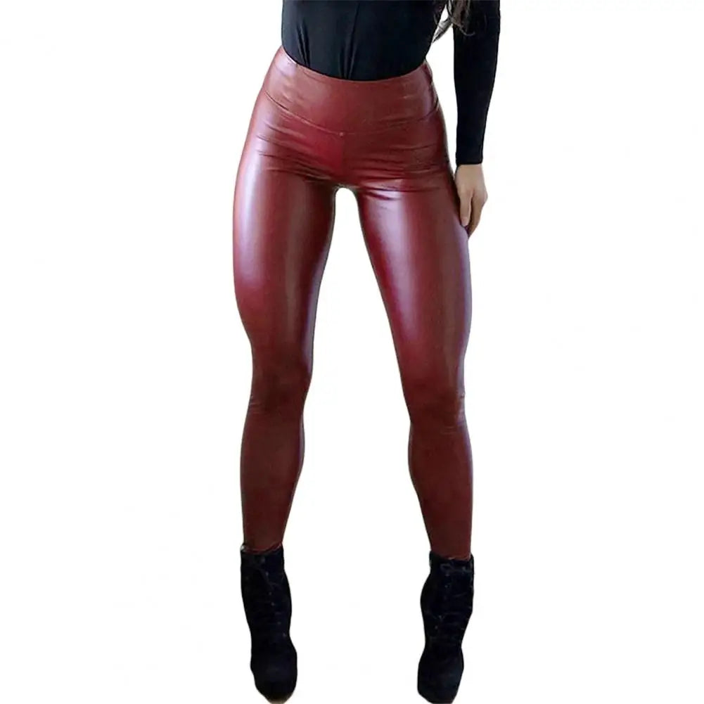 Faux Leather High Waist Solid Full Length Straight Pencil Bodycon Pants