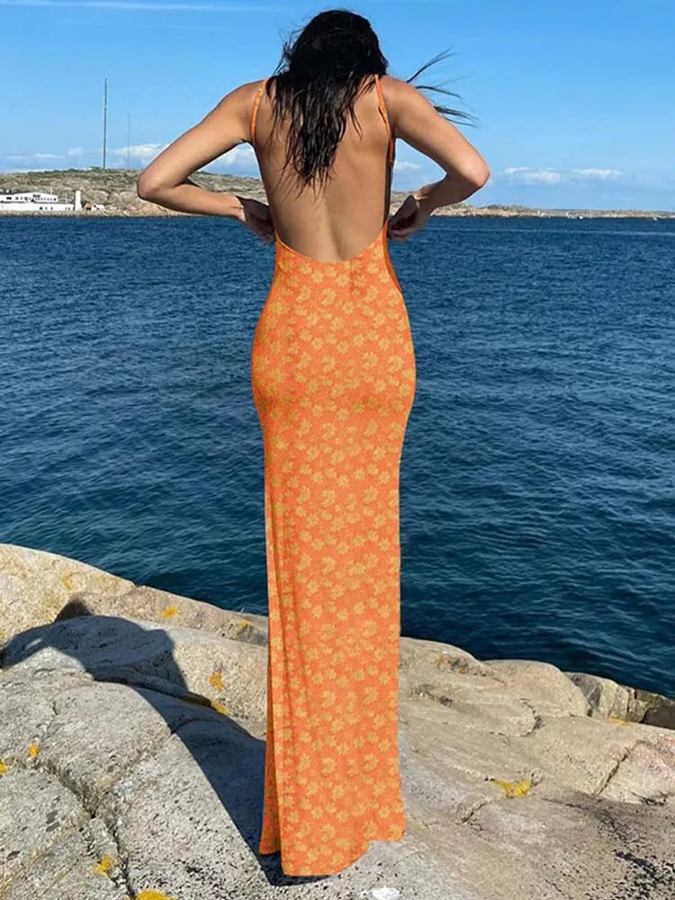 Flower Print Sleeveless Backless Maxi Spring Elegant Concise Midi Dresses