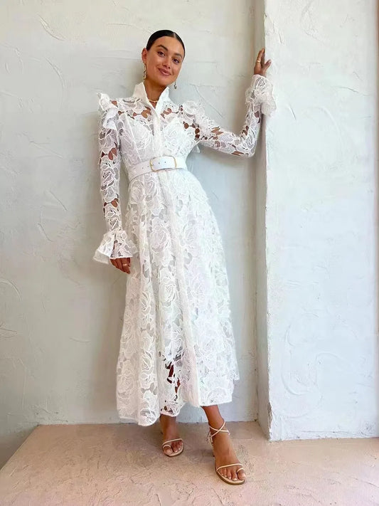French Temperament Water-Soluble Single-Breasted Lace Dress
