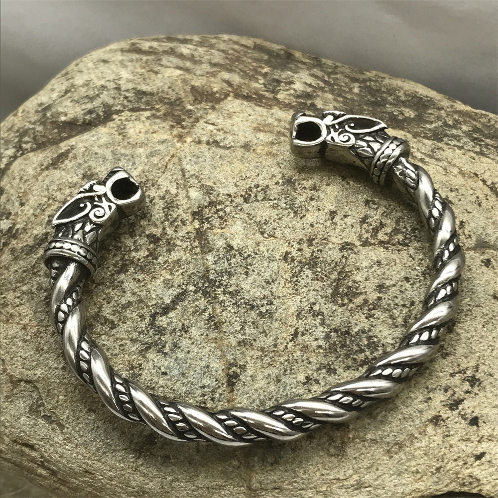 Goth Viking Dragon Heads Steel Braids Cuff Bracelet - L