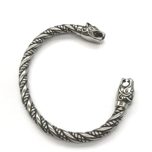 Goth Viking Dragon Heads Steel Braids Cuff Bracelet - S