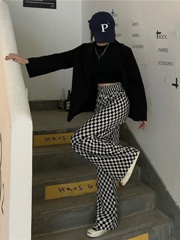 Black White Plaid Harajuku Wide Leg Checkerd Streetwear Pant