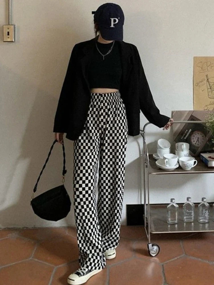 Black White Plaid Harajuku Wide Leg Checkerd Streetwear Pant