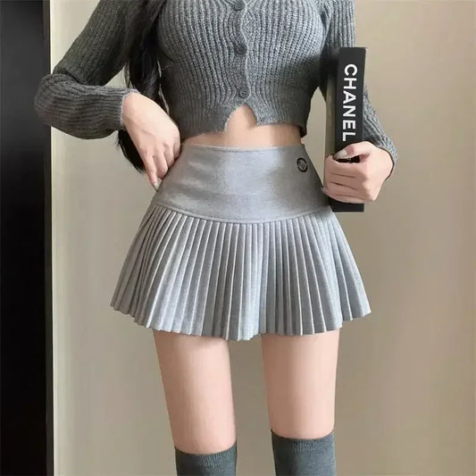 Woolen Pleated Cute High Waist A-line Patchwork Vintage Skirt