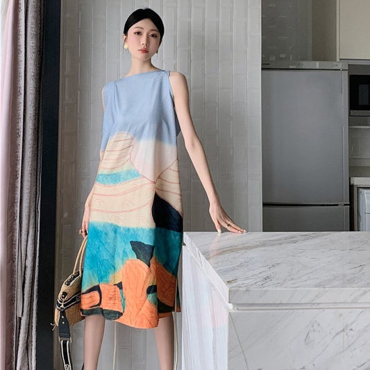 Jewel Abstract Painting Backless Rope String Tie Dress
