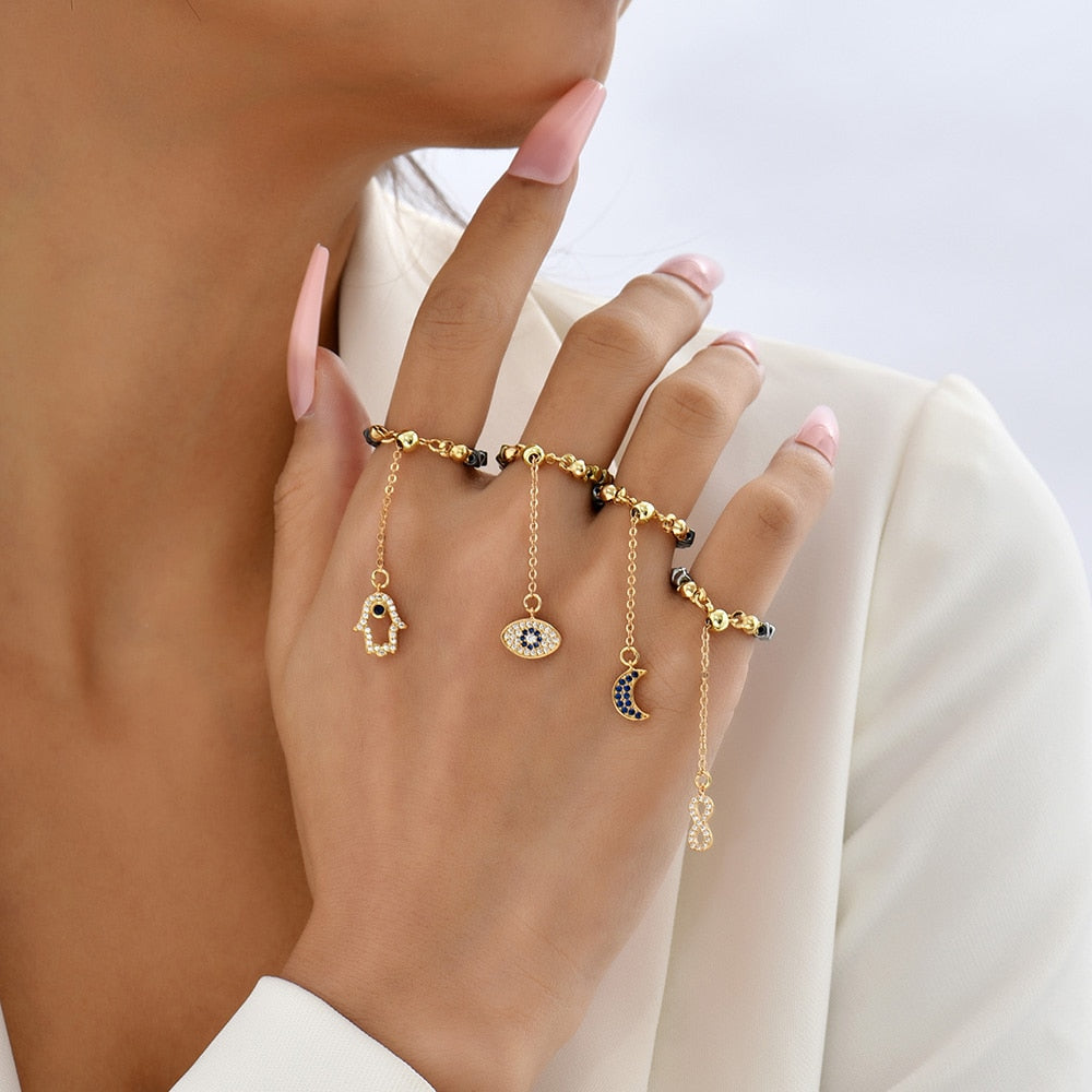 Kamala Hematite Rings with Chain Pendant Charm