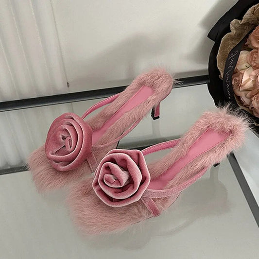 Liekki Velvet Rose Furry Pumps