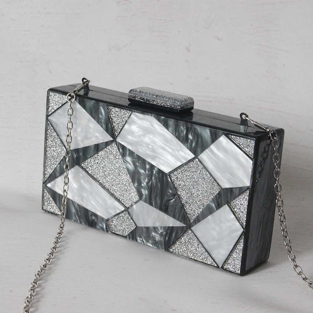 Black Silver Evening Bag Sequins Wedding Handbag Box Clutch Purse