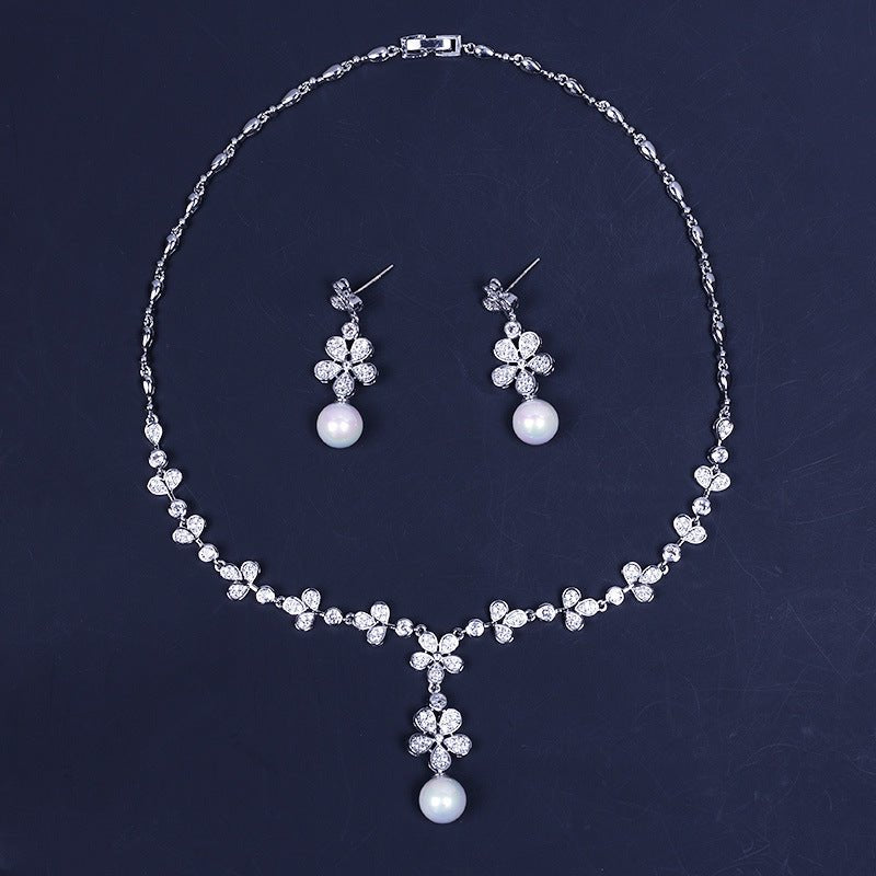 Pearl Flower Pendant Cubic Zirconia Wedding Jewelry Sets For Women