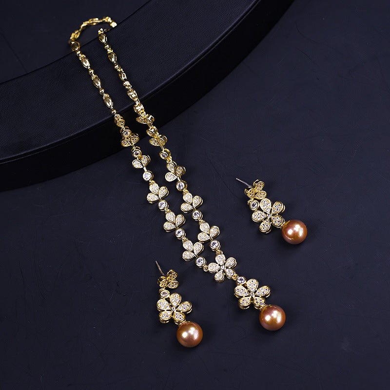 Pearl Flower Pendant Cubic Zirconia Wedding Jewelry Sets For Women