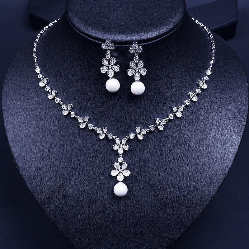 Pearl Flower Pendant Cubic Zirconia Wedding Jewelry Sets For Women