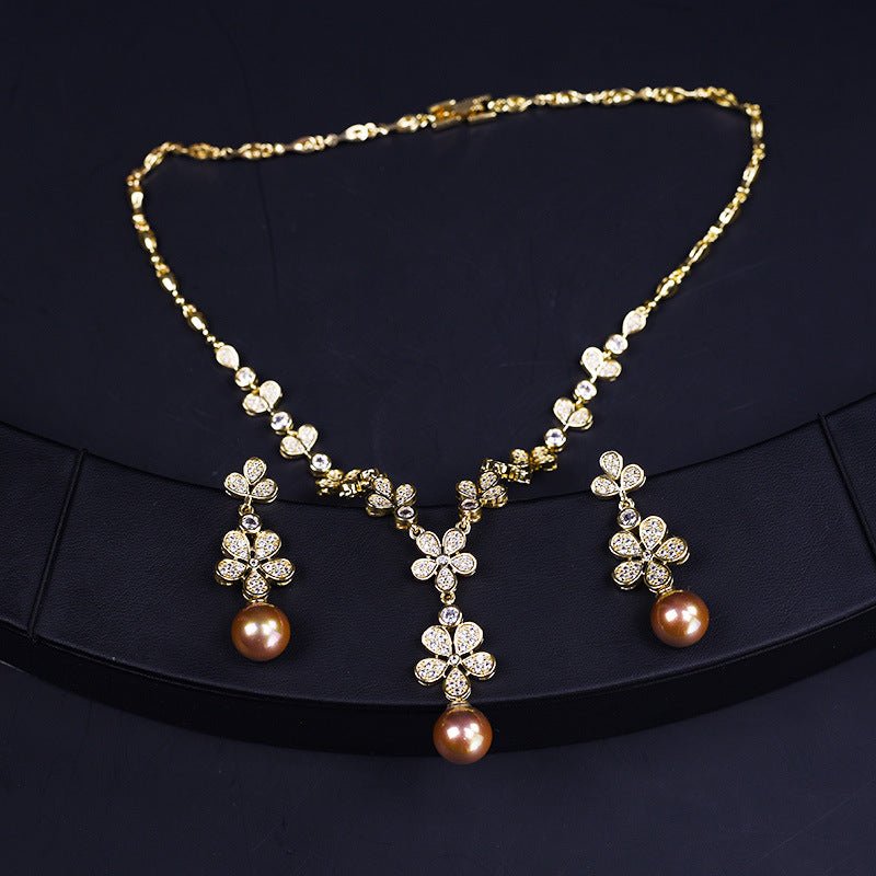 Pearl Flower Pendant Cubic Zirconia Wedding Jewelry Sets For Women