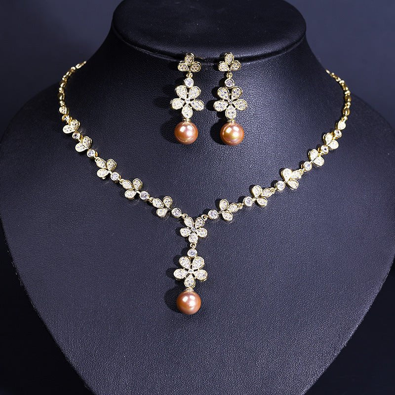 Pearl Flower Pendant Cubic Zirconia Wedding Jewelry Sets For Women