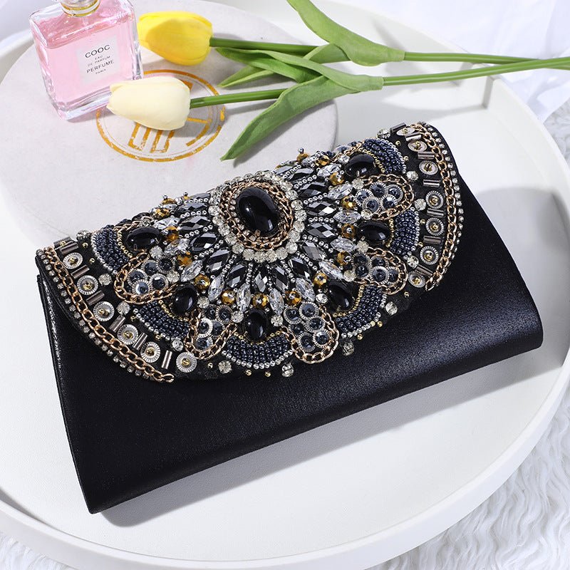 Retro Beaded Women's Clutch Black PU Leather Chain Shoulder Bag