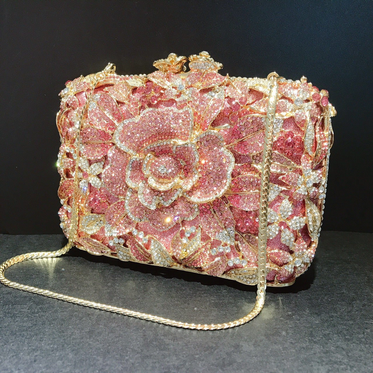 Sparkling Flower Clutch Gold Pink Purse For Wedding
