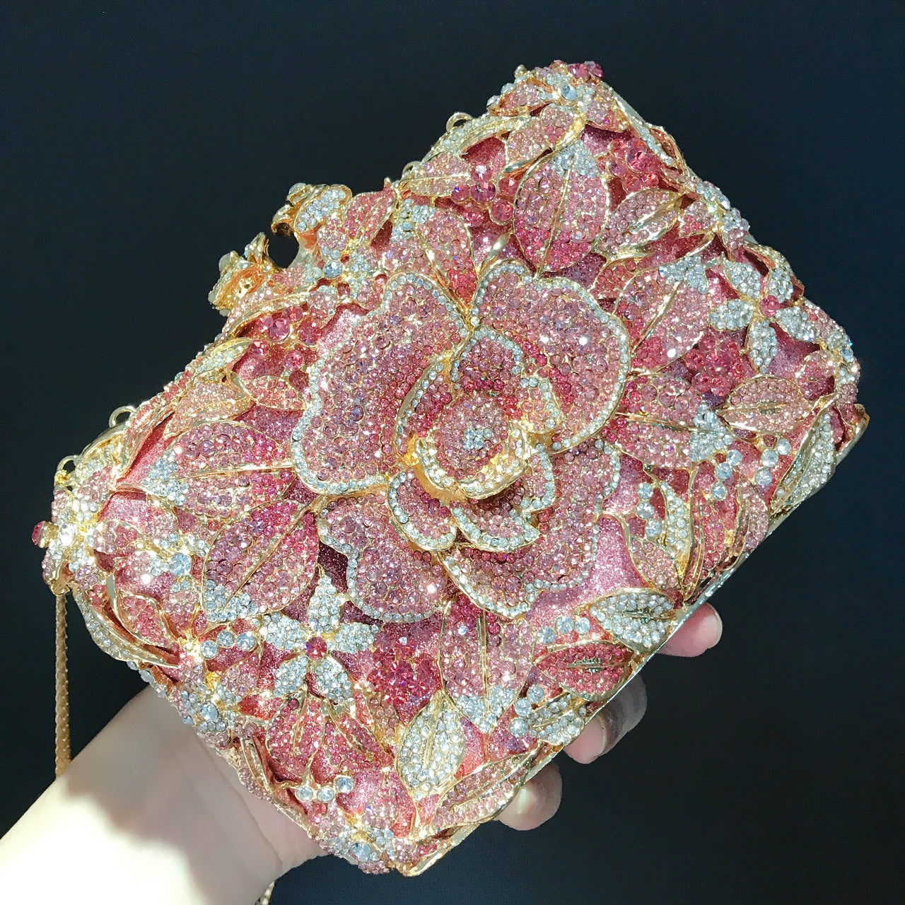 Sparkling Flower Clutch Gold Pink Purse For Wedding