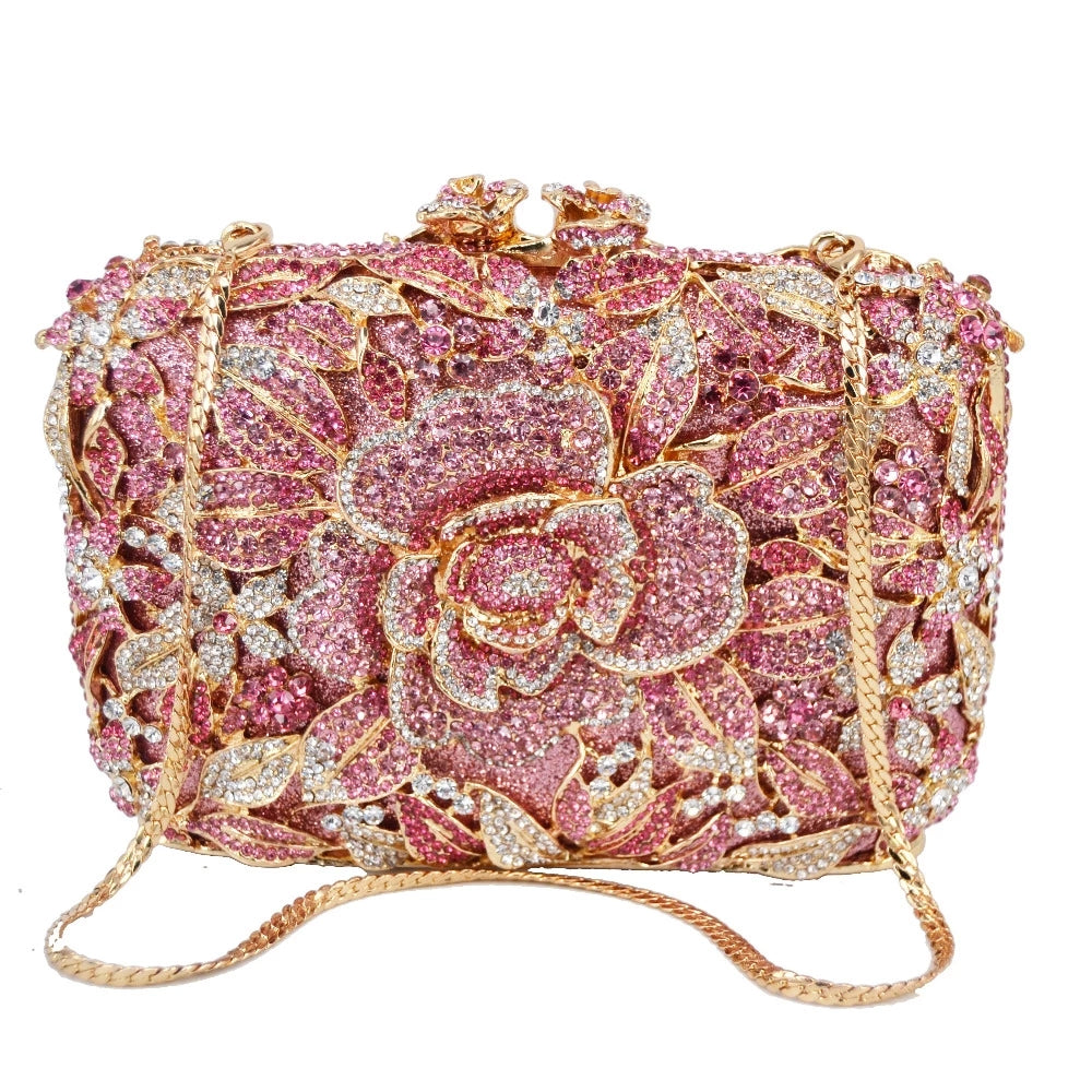 Sparkling Flower Clutch Gold Pink Purse For Wedding