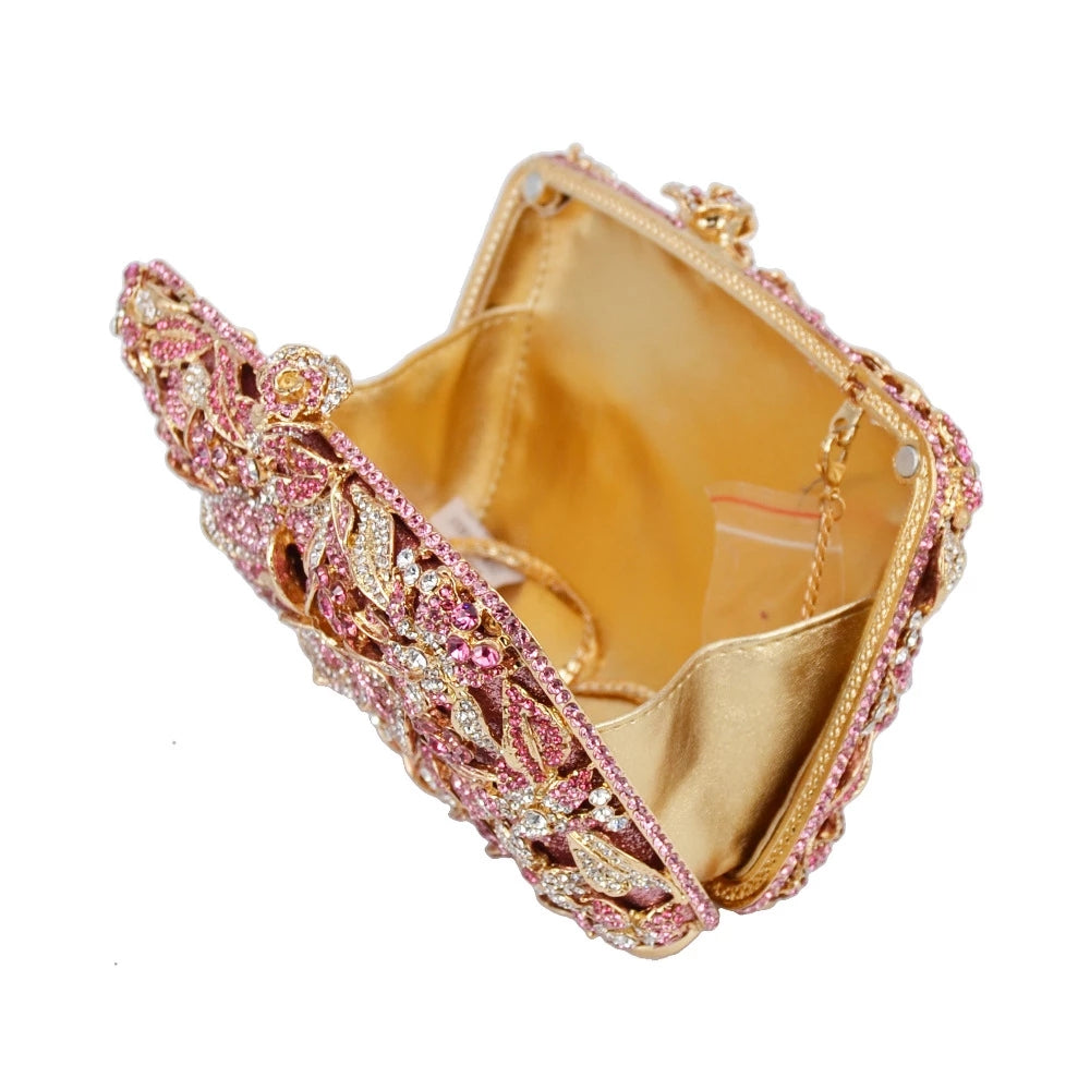 Sparkling Flower Clutch Gold Pink Purse For Wedding