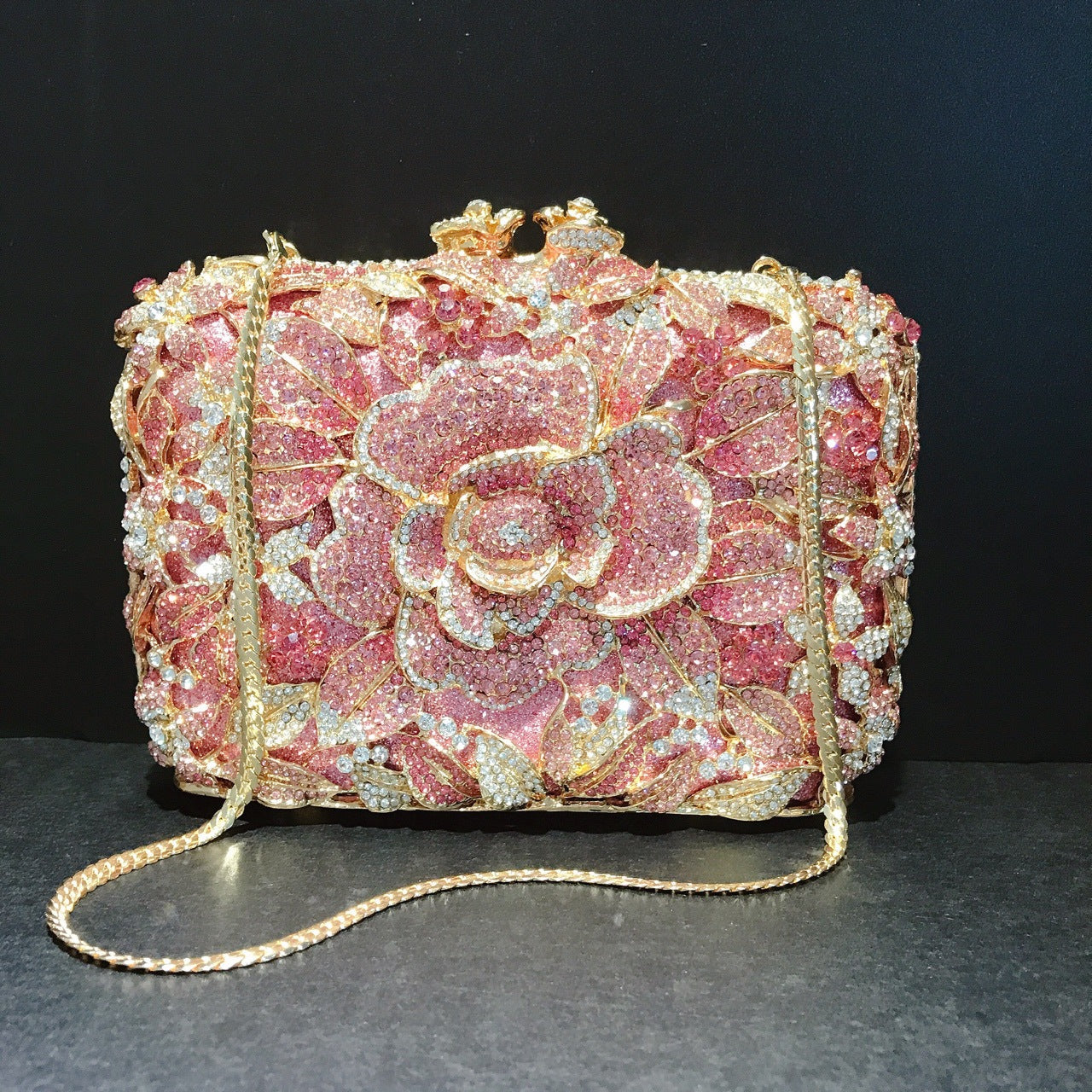 Sparkling Flower Clutch Gold Pink Purse For Wedding