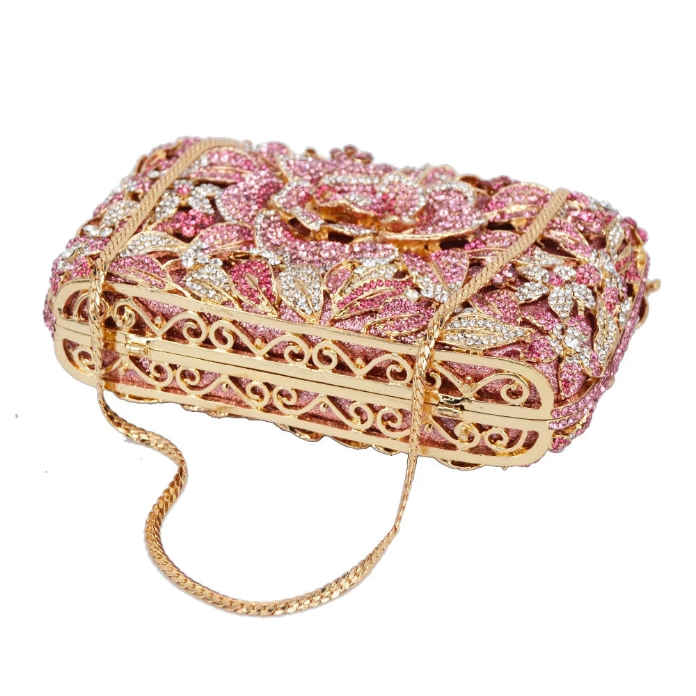Sparkling Flower Clutch Gold Pink Purse For Wedding