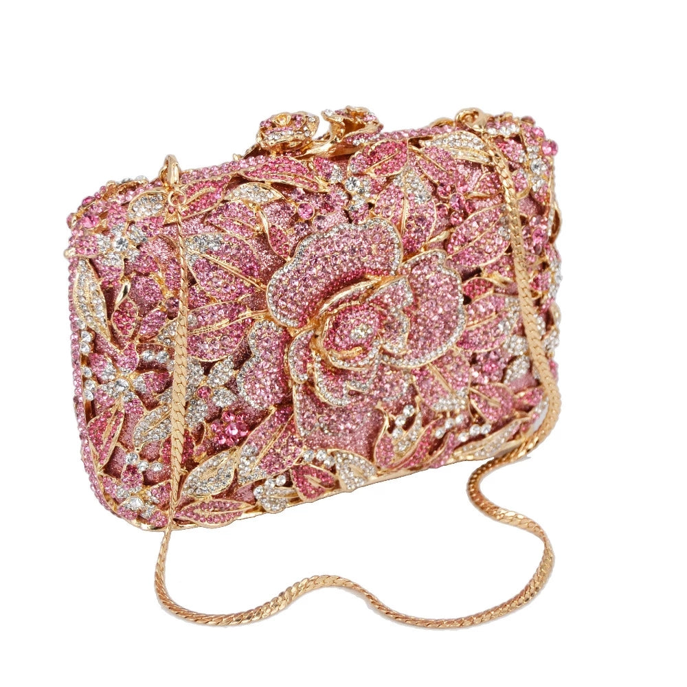 Sparkling Flower Clutch Gold Pink Purse For Wedding