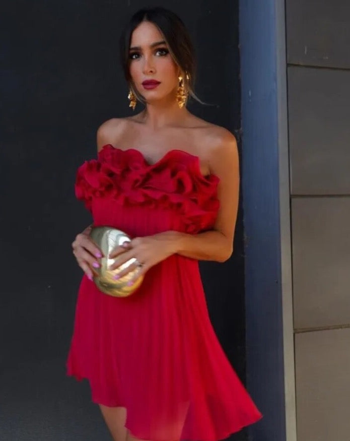 Maija Red Ruffle Strapless Mini Dress