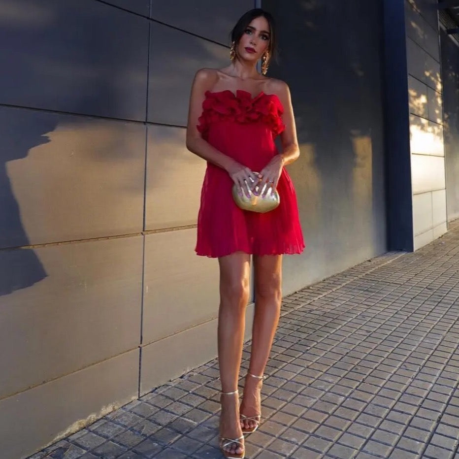 Maija Red Ruffle Strapless Mini Dress