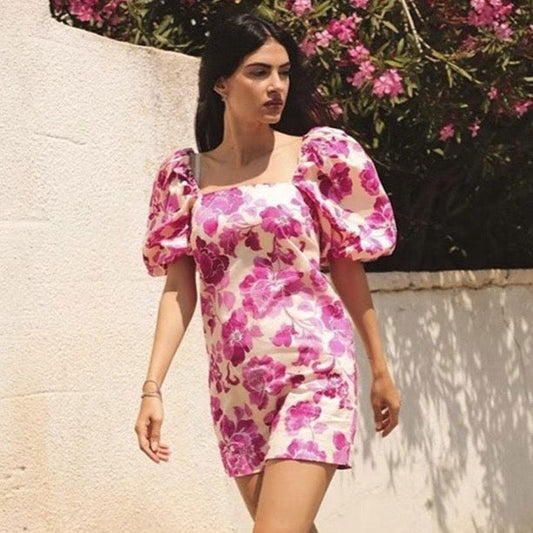 Marion Floral Print Puff Short Sleeve Dress