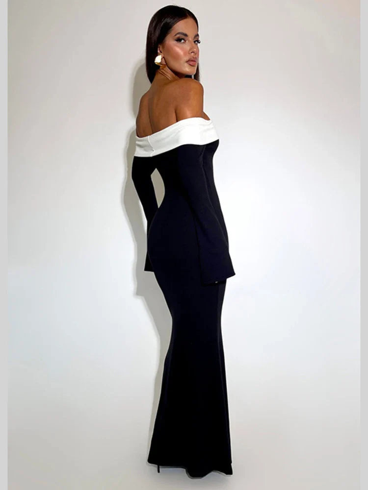 Contrast Color Off-shoulder Backless Maxi Dress