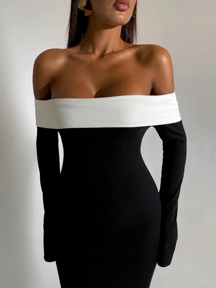 Contrast Color Off-shoulder Backless Maxi Dress