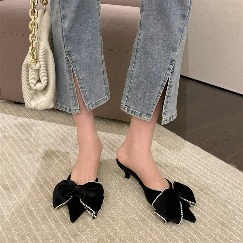 Paye Velvet Bow Tie Kitten Heel Sandals - 3 Colors