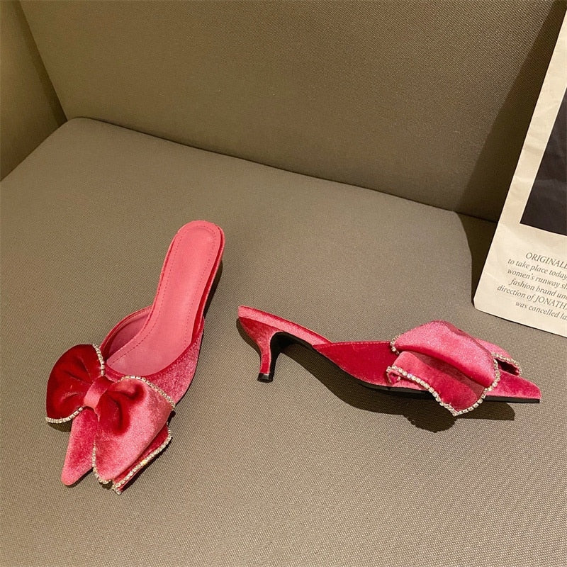 Paye Velvet Bow Tie Kitten Heel Sandals - 3 Colors