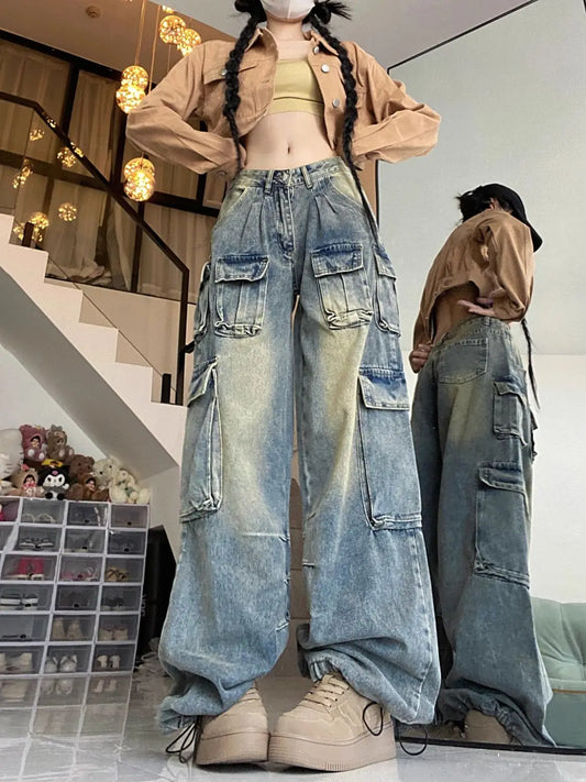 Retro Autumn Women's Multi-Pocket Design High Street Jeans