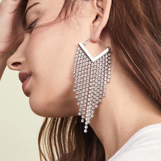 Rhinestone Cascade Tassel Hoop Earrings - 4 Colors