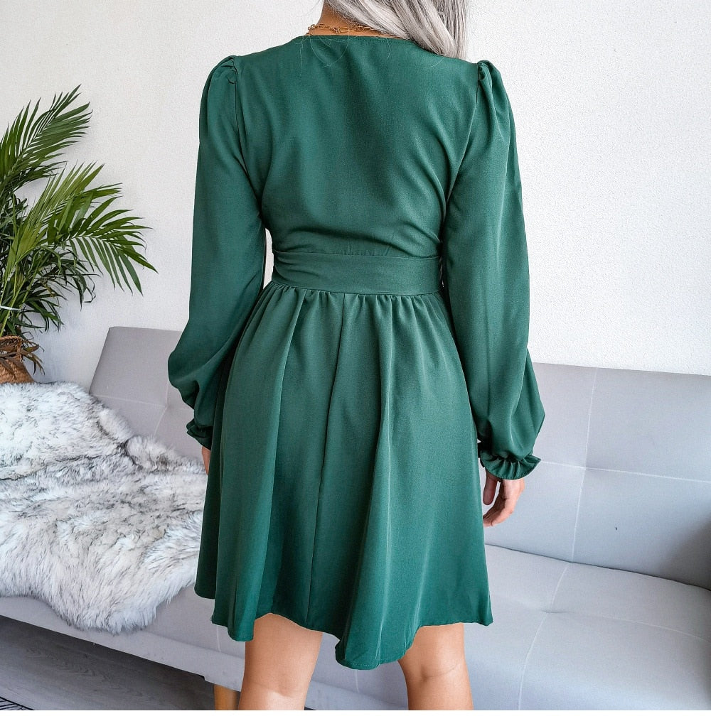 V-Neck Solid Colorl Chiffon Dress