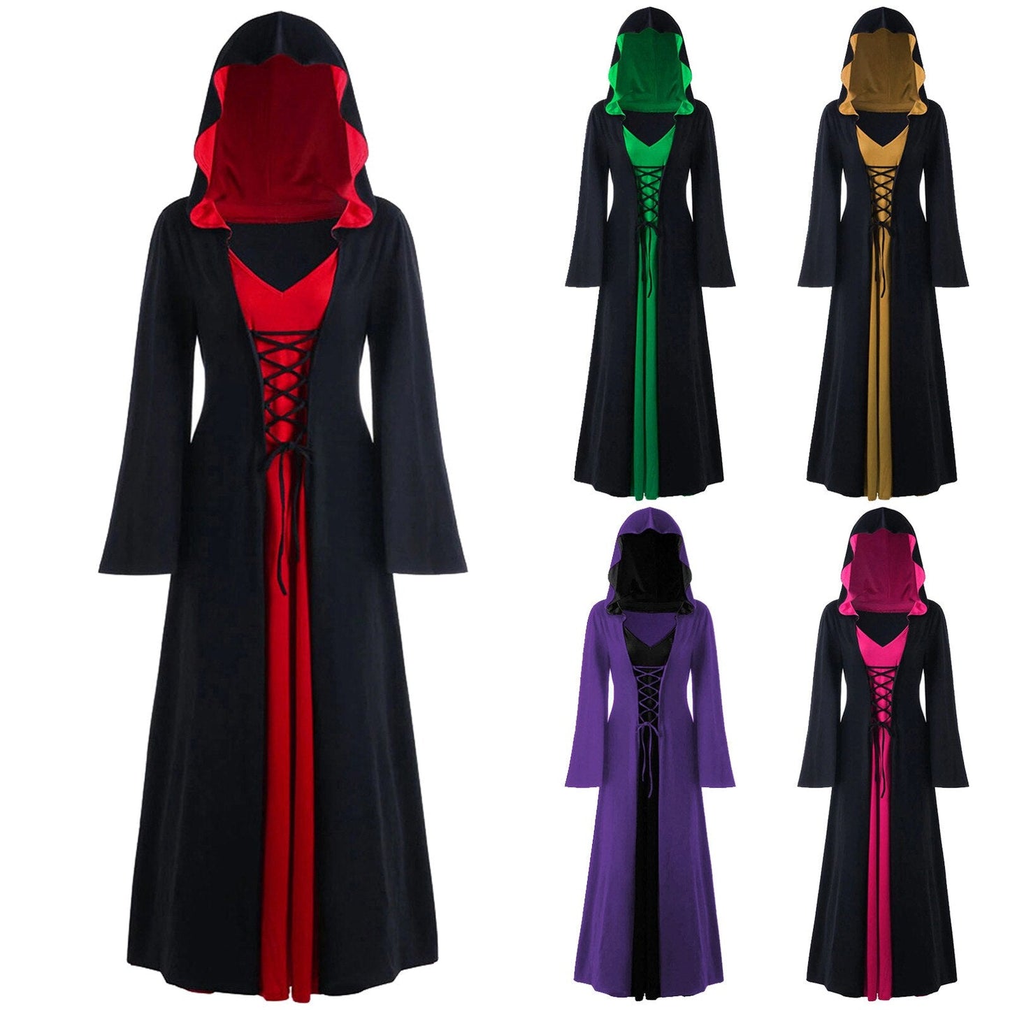 Retro Christmas Costume Plus Size Hooded Lace Up Patchwork Dress
