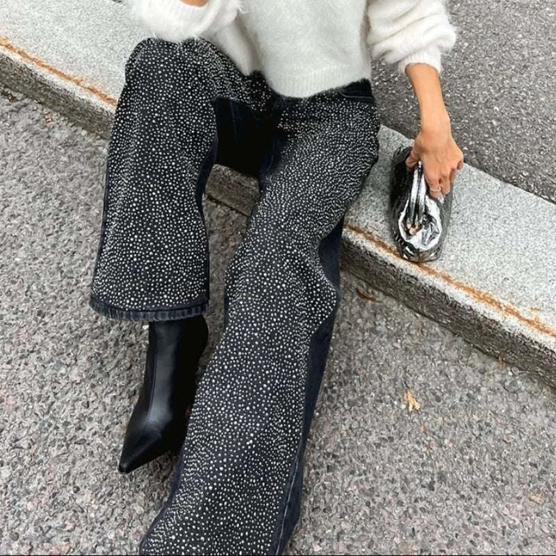 Melanie Rivet Embellished Wide Leg Baggy Jeans