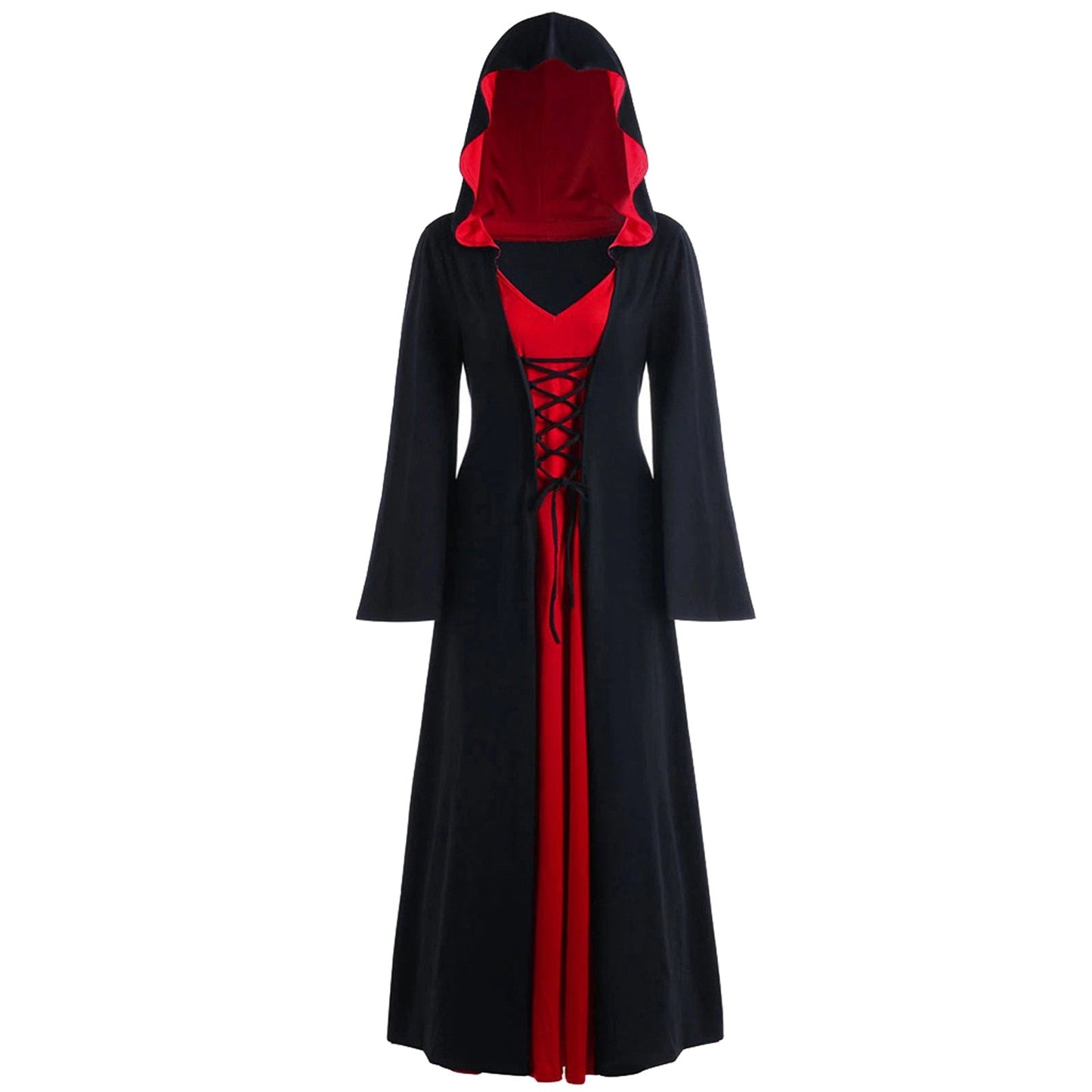 Retro Christmas Costume Plus Size Hooded Lace Up Patchwork Dress