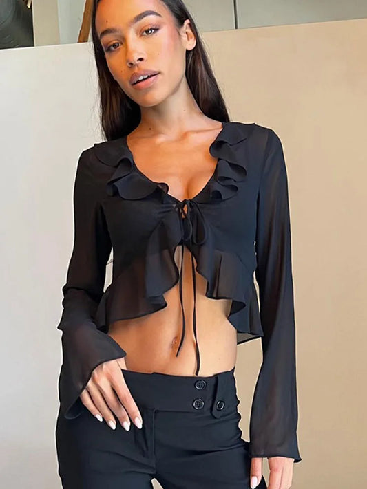 Deep V Ruffled Green Chiffon Sheer Top
